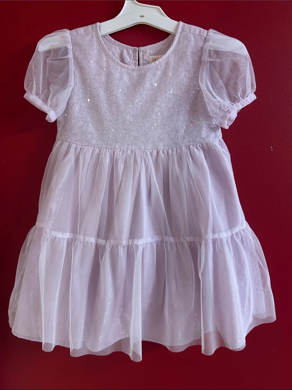 Cat & Jack Light Pink Sequin Tulle Puff Sleeve Dress size 5